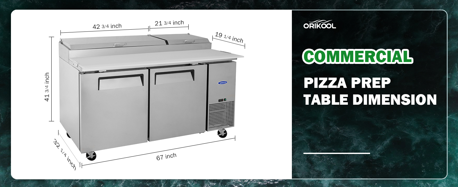 Orikool 67 IN Commercial Pizza Prep Table with a Built-in Refrigerator