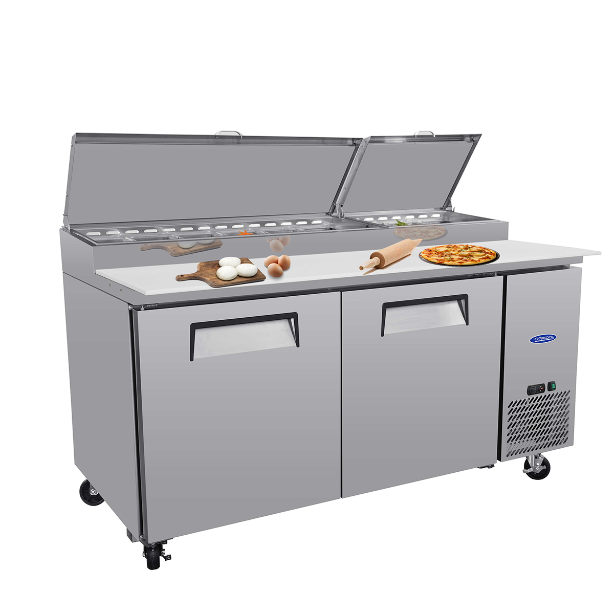 Orikool 67 IN Commercial Pizza Prep Table with a Built-in Refrigerator