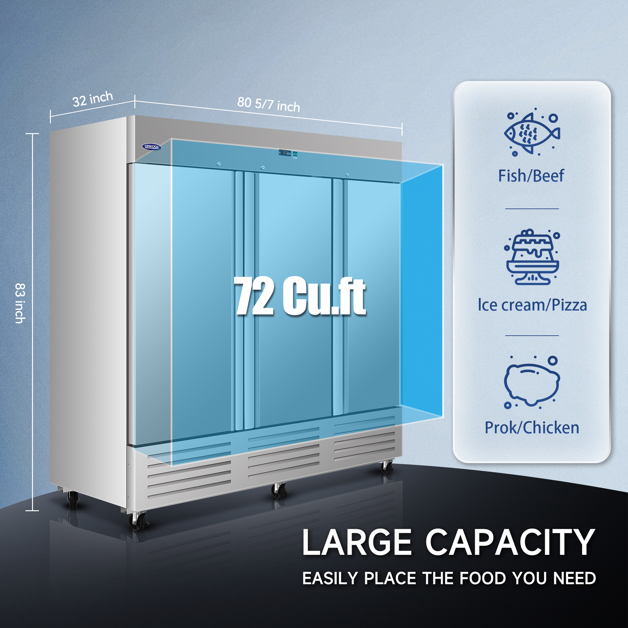 Orikool 81" Commercial Reach-In Freezers