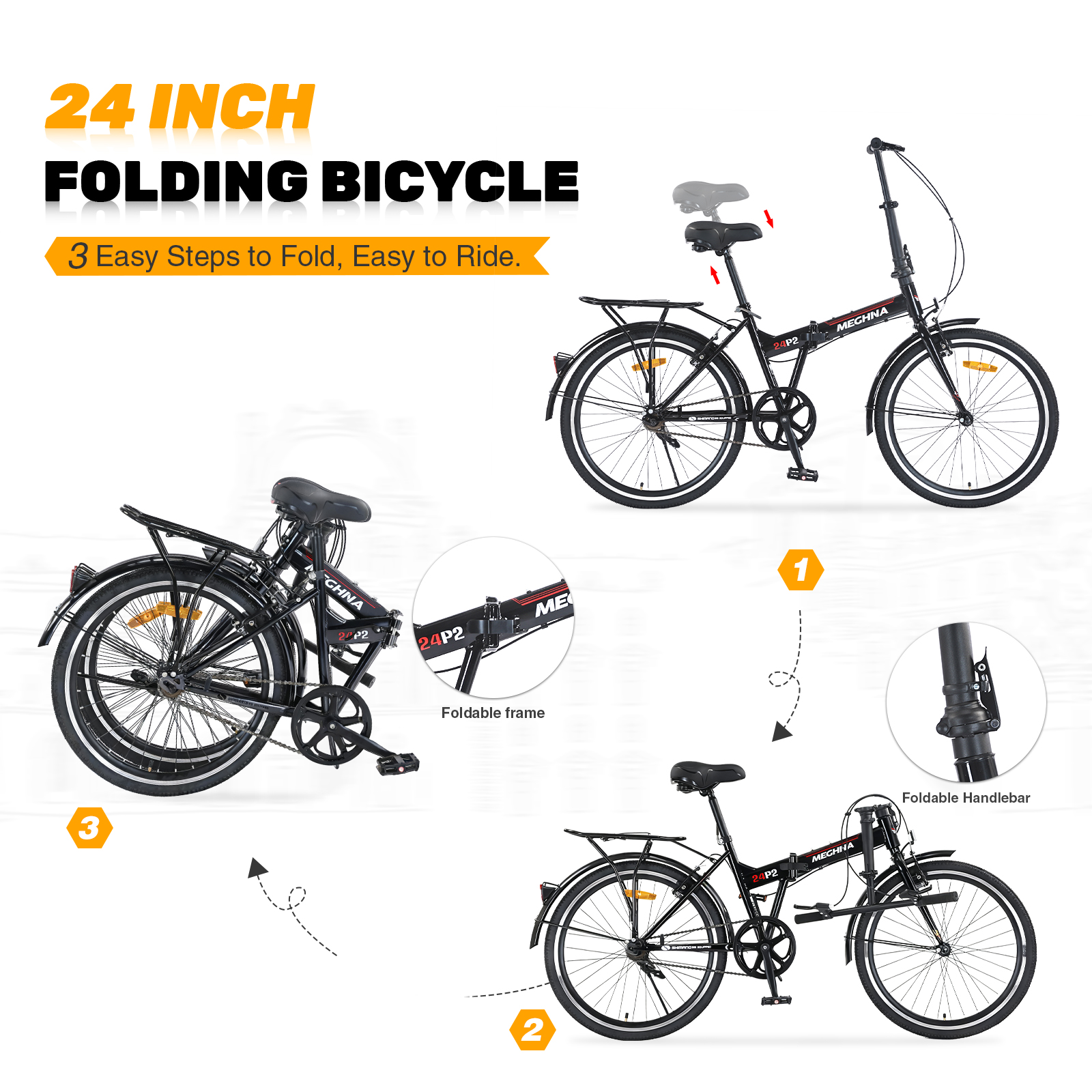 24 Inch Folding Bike for Adults with Fenders