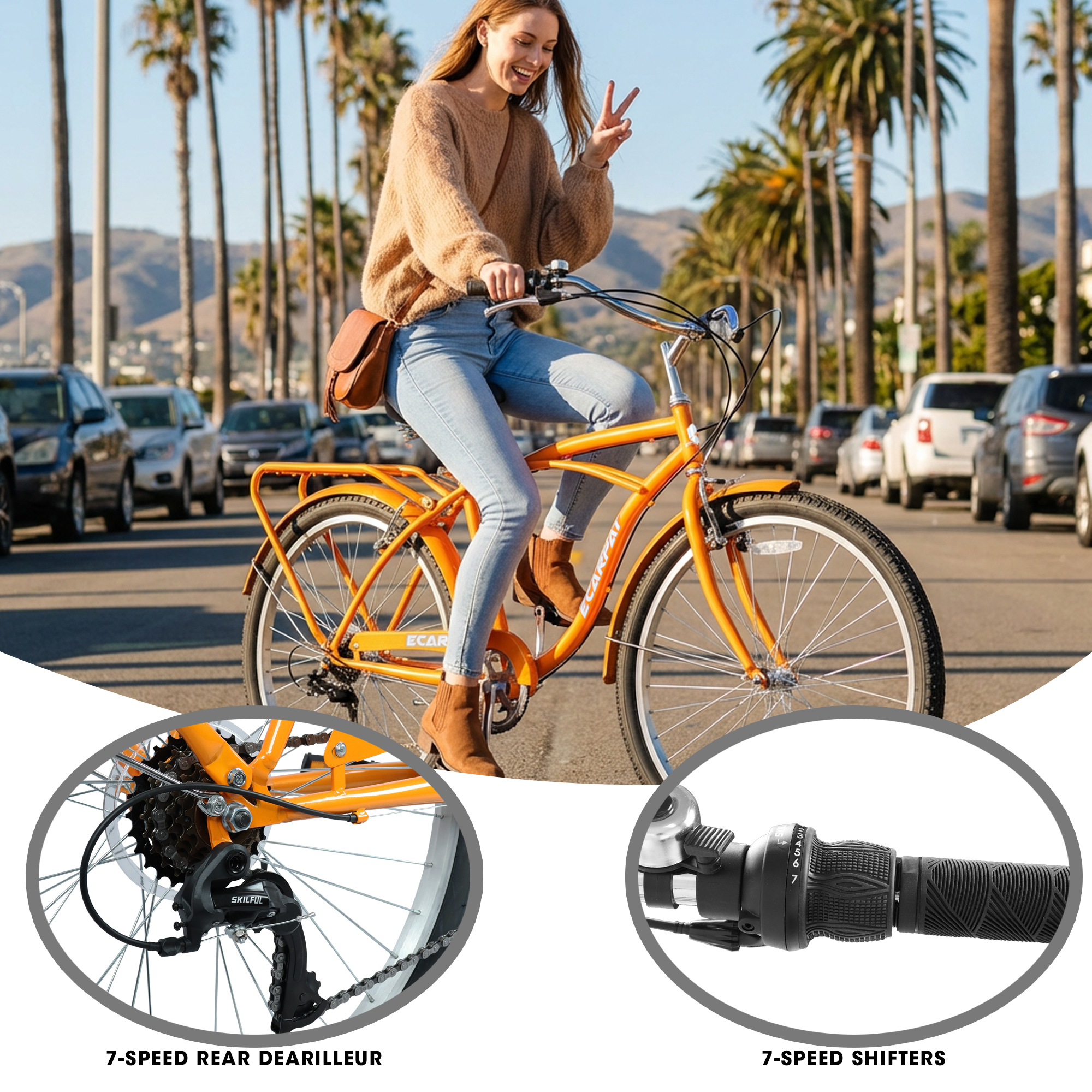 E-CARPAT A26265B 26 Inch 7-Speed Beach Cruiser Bike