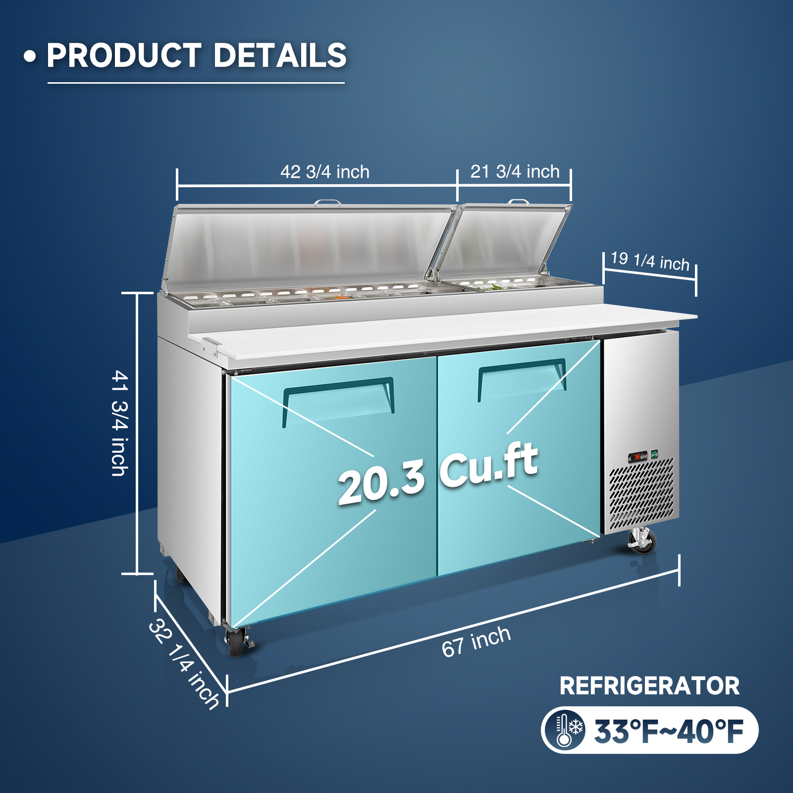 67 IN Commercial Pizza Prep Table with a Built-in Refrigerator