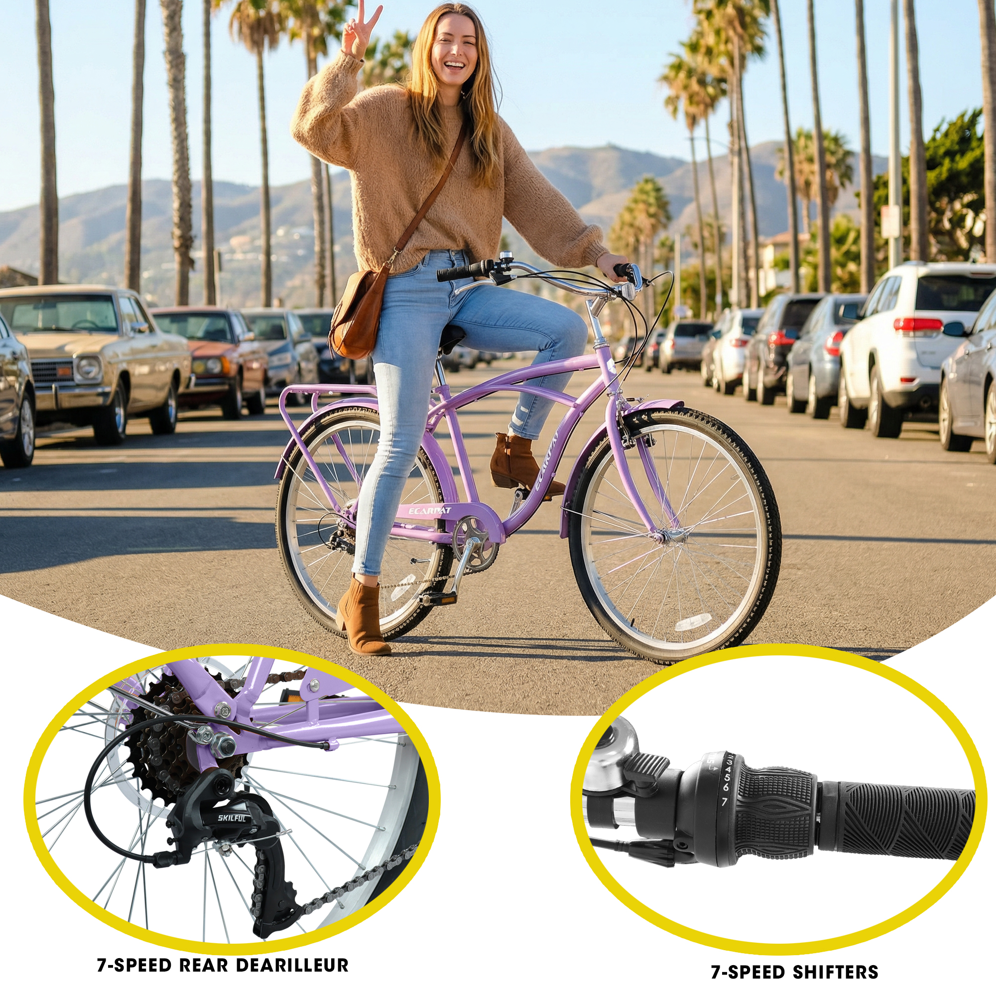 E-CARPAT A26265B 26 Inch 7-Speed Beach Cruiser Bike