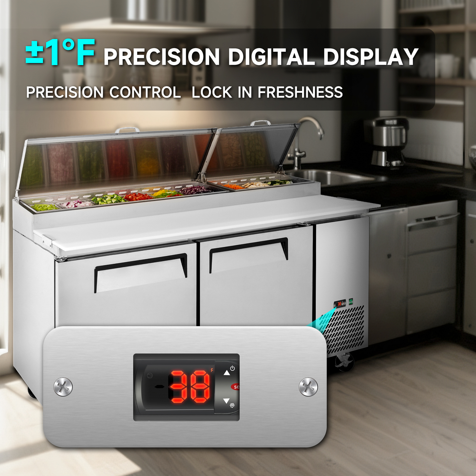 67 IN Commercial Pizza Prep Table with a Built-in Refrigerator