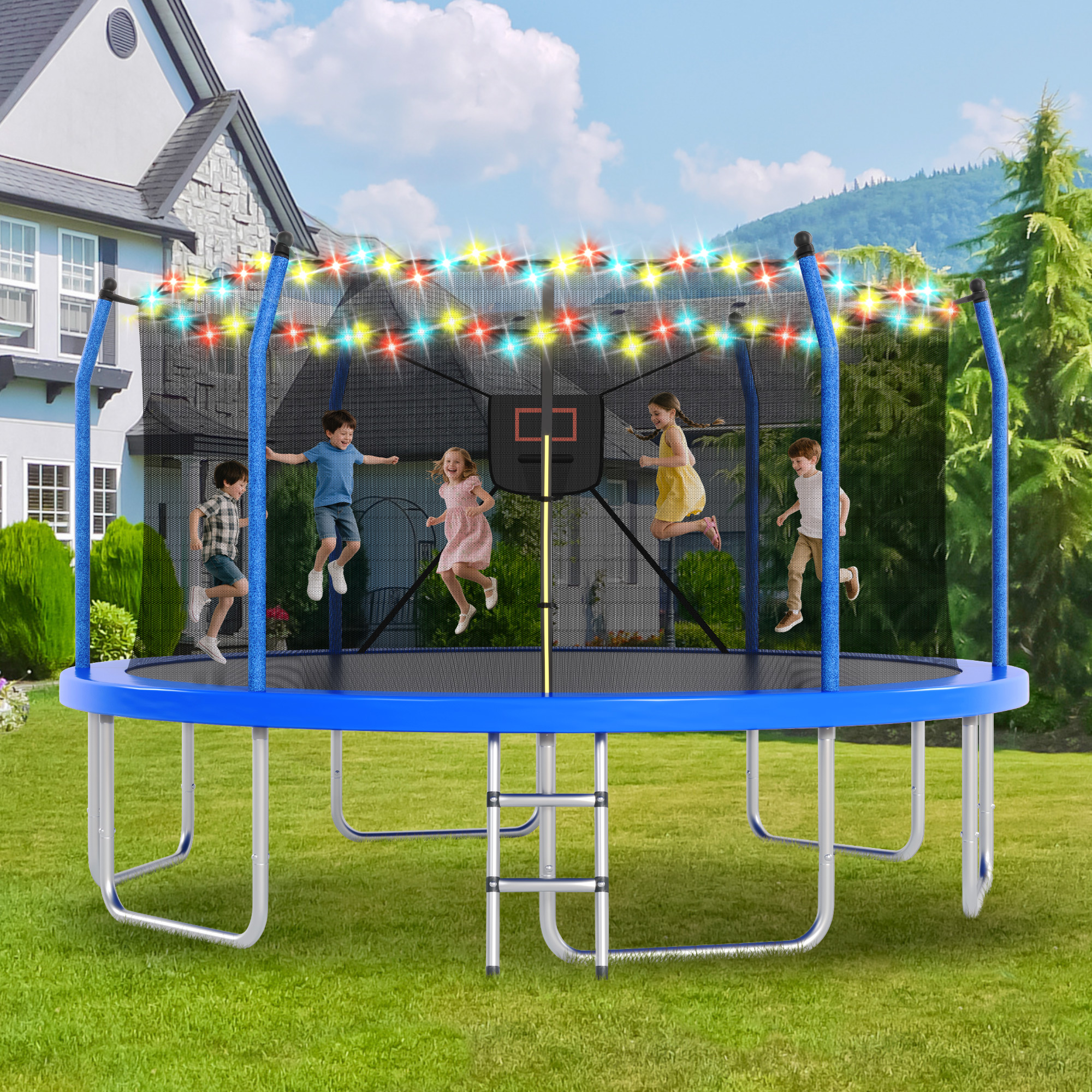 16FT Trampoline with Lights and Basketball Hoop