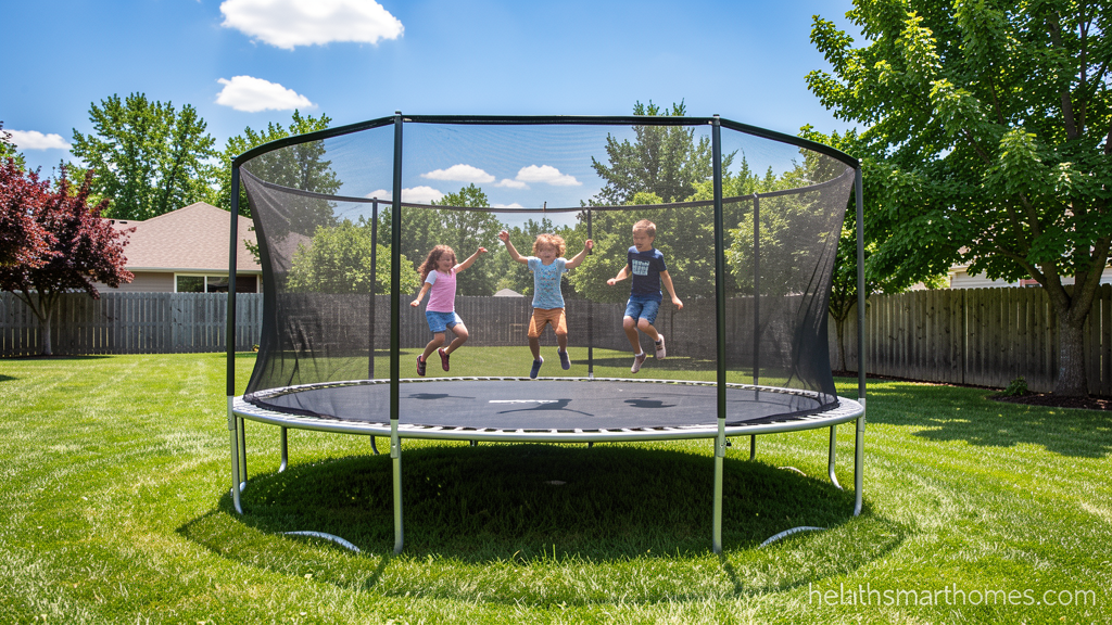 16-foot trampoline with safety enclosure net in backyard for family use