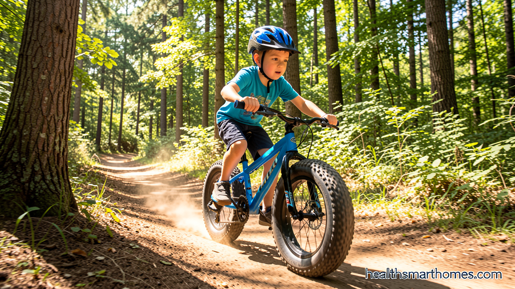 Young boy riding a blue fat tire mountain bike on a forest dirt trail wearing a helmet
