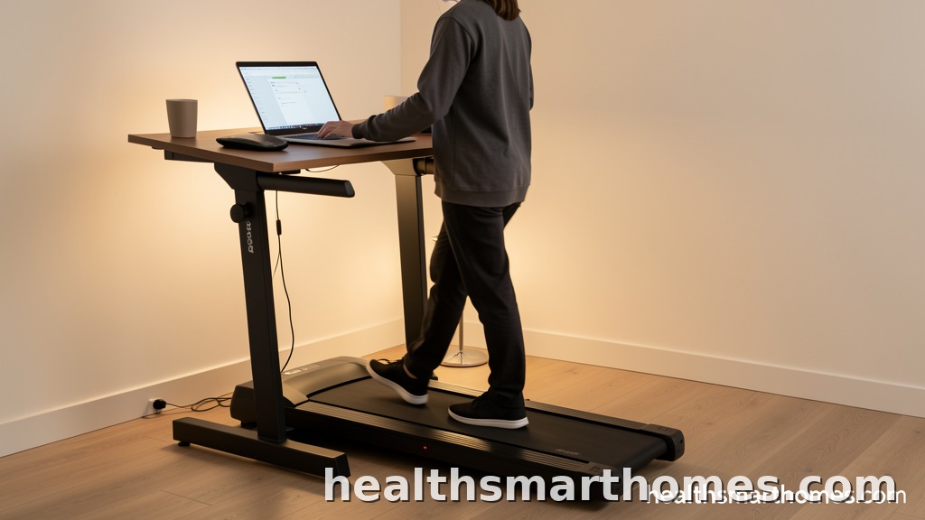 Walking pad treadmill under a standing desk in a home office