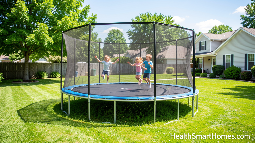 Round outdoor trampoline with safety enclosure in backyard