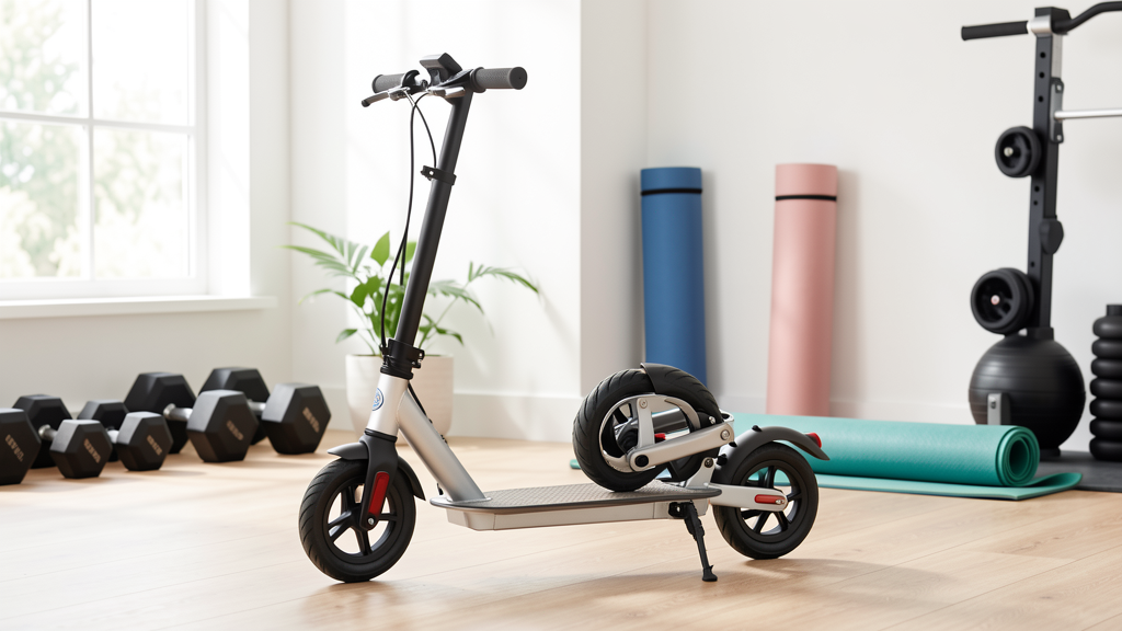 Manual folding scooter in home gym setting with fitness equipment nearby