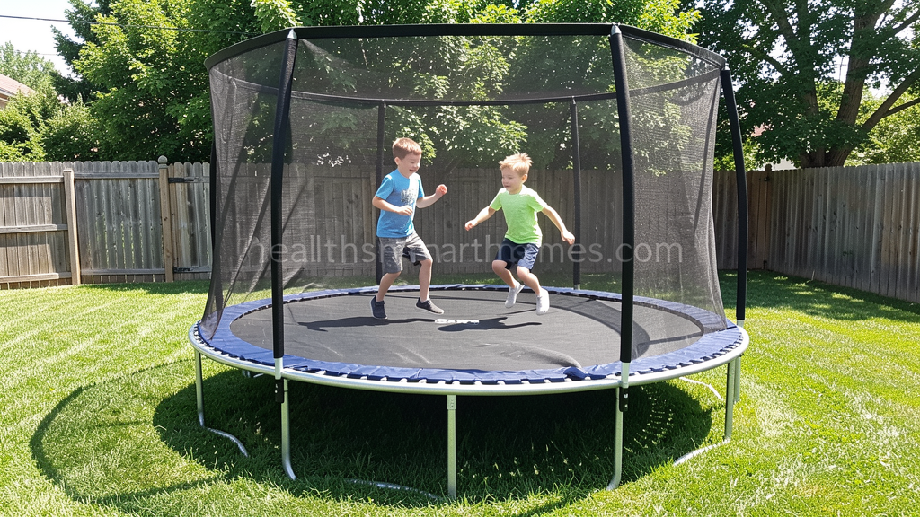 A 10 ft trampoline with net enclosure in a backyard with children bouncing safely inside the safety net