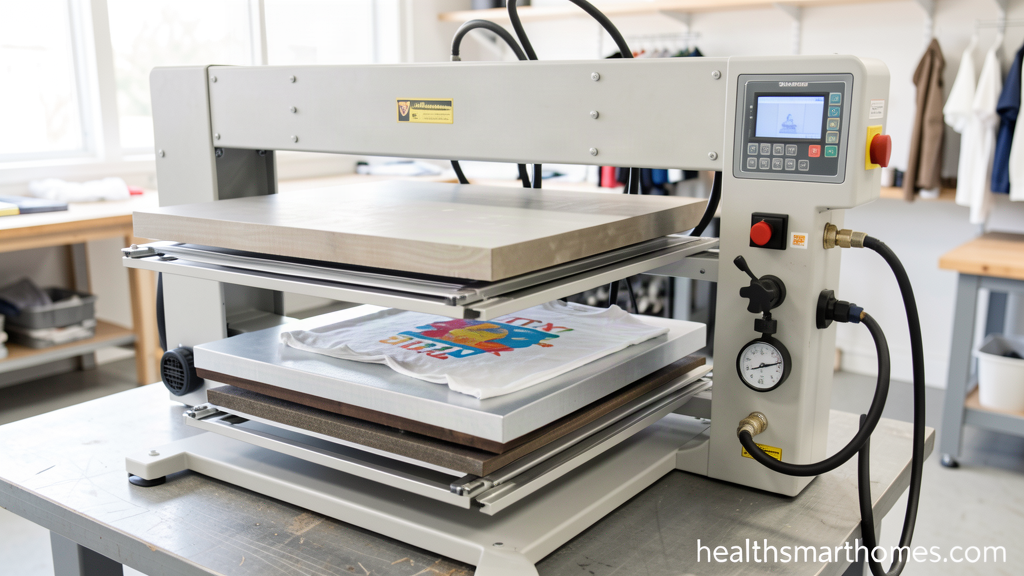 Industrial pneumatic heat press machine with dual station and digital control panel in a custom apparel workshop