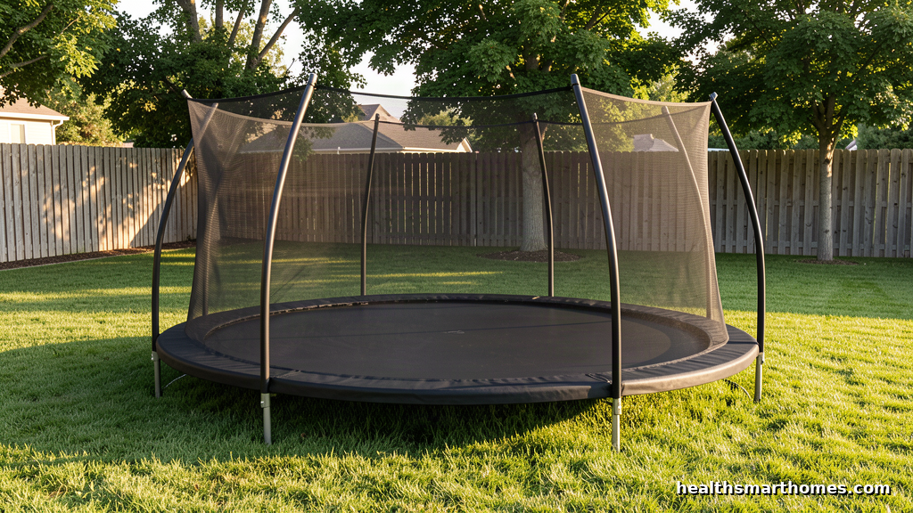 Springless oval backyard trampoline with a black safety net enclosure and no visible coil springs on a mown lawn - 8ft Springfree trampoline hero image