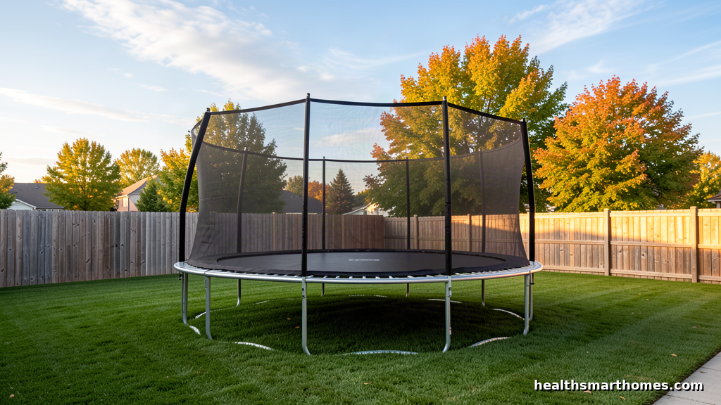 Round outdoor trampoline with a black safety enclosure net on a mown lawn in a suburban backyard - best outdoor trampoline for adults