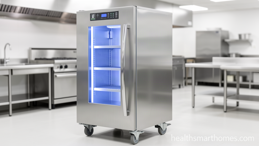 Stainless steel two-door commercial reach-in refrigerator in a commercial kitchen