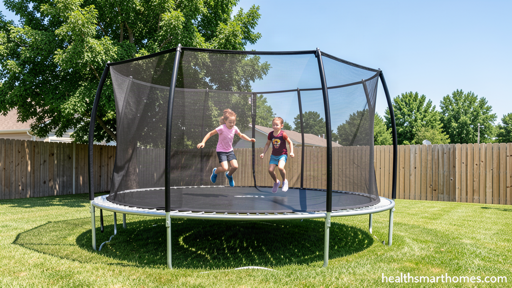 16ft round backyard trampoline with a full-height safety enclosure net and two children jumping, healthsmarthomes.com