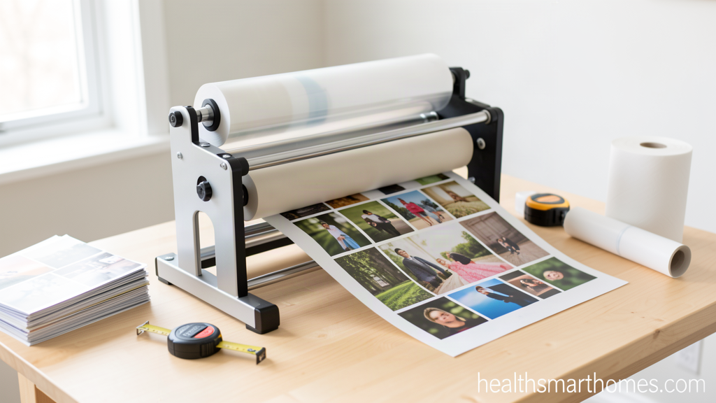 Manual cold roll laminator machine on a workbench with a laminated photo poster emerging, healthsmarthomes.com