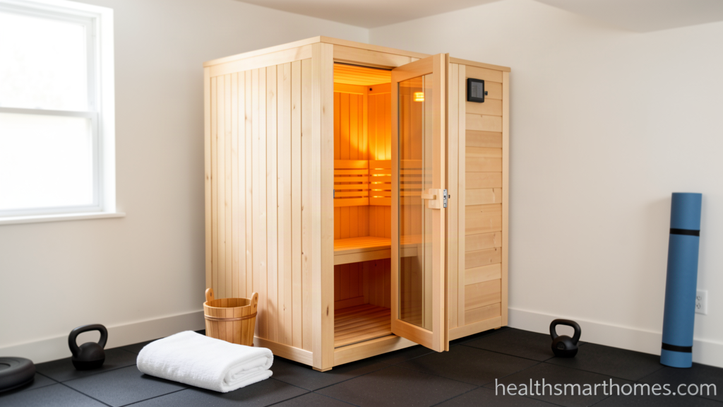 Single person infrared home sauna cabin in a small home gym, healthsmarthomes.com